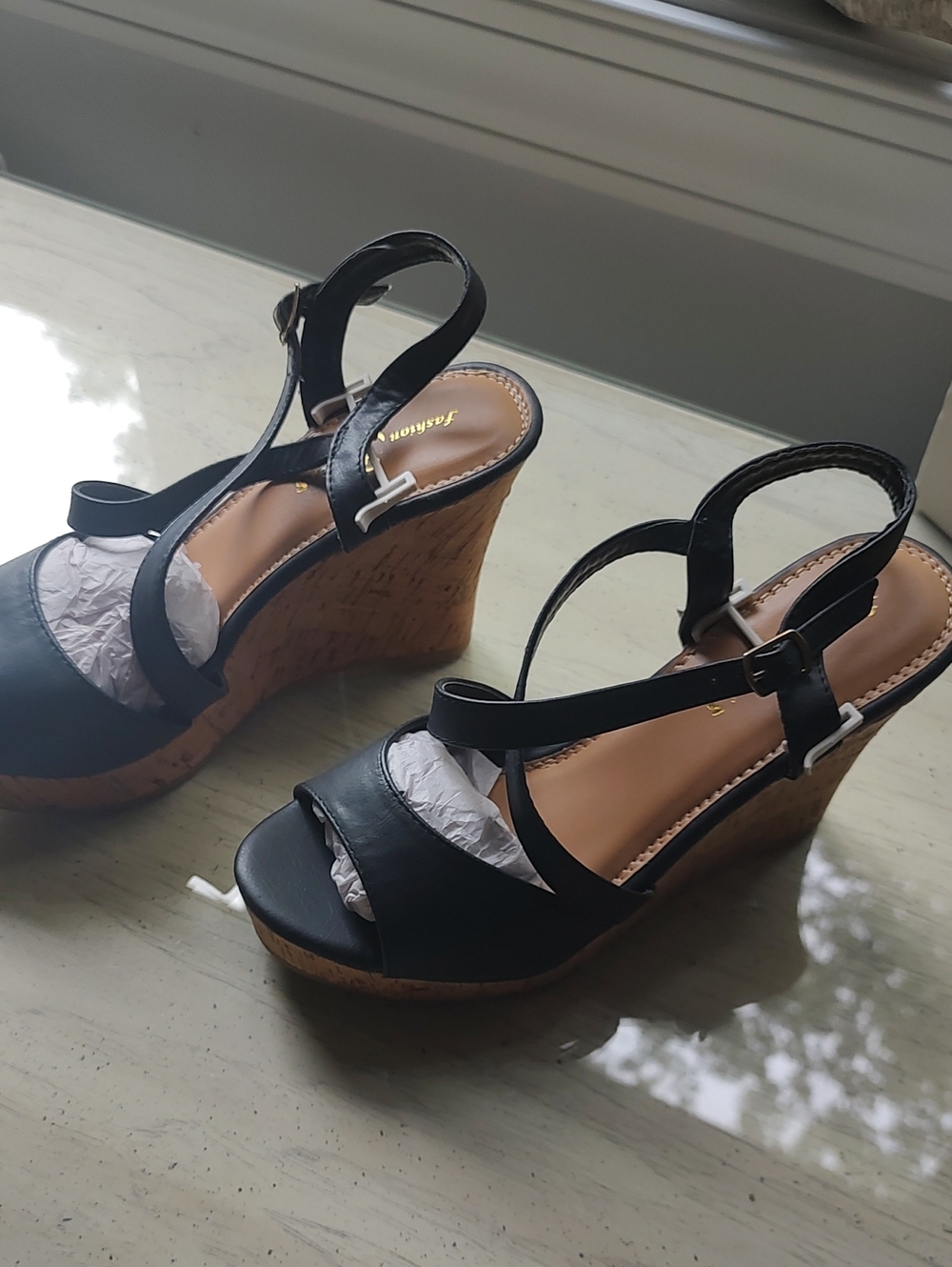 Black Cork Wedge Sandals with Ankle Strap